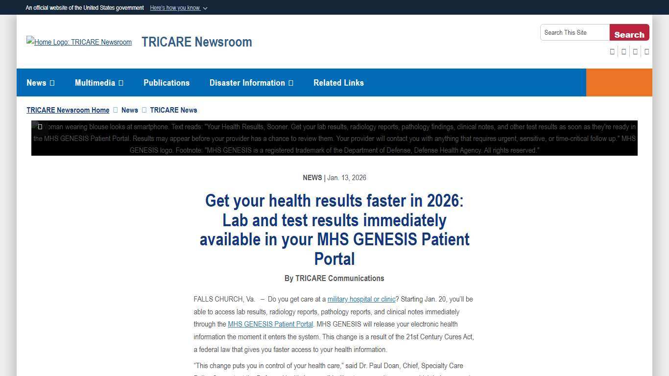 Get your health results faster in 2026: Lab and test results immediately available in your MHS GENESIS Patient Portal > TRICARE Newsroom > TRICARE News